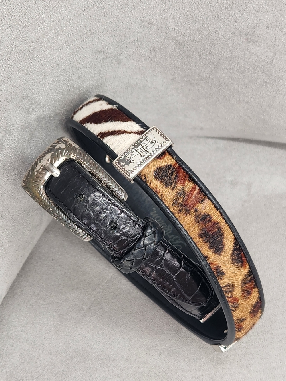 Vintage Brighton Belt Women's 32 Black Leather Colorblock Animal Print Croc - Picture 3 of 13